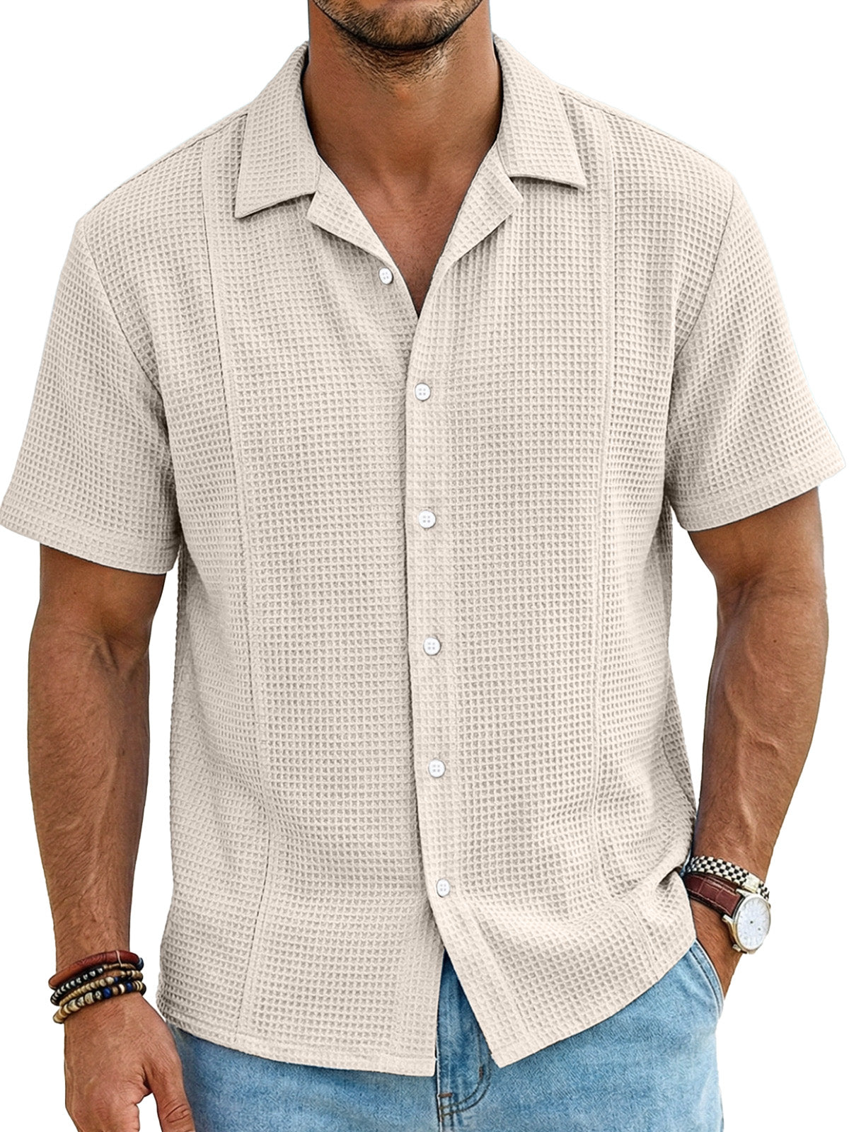 Men's Resort Casual Waffle Deconstructed Cuban Collar Short Sleeve Shirt