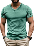 Men's Retro Solid Color V-neck Short Sleeve T-shirt