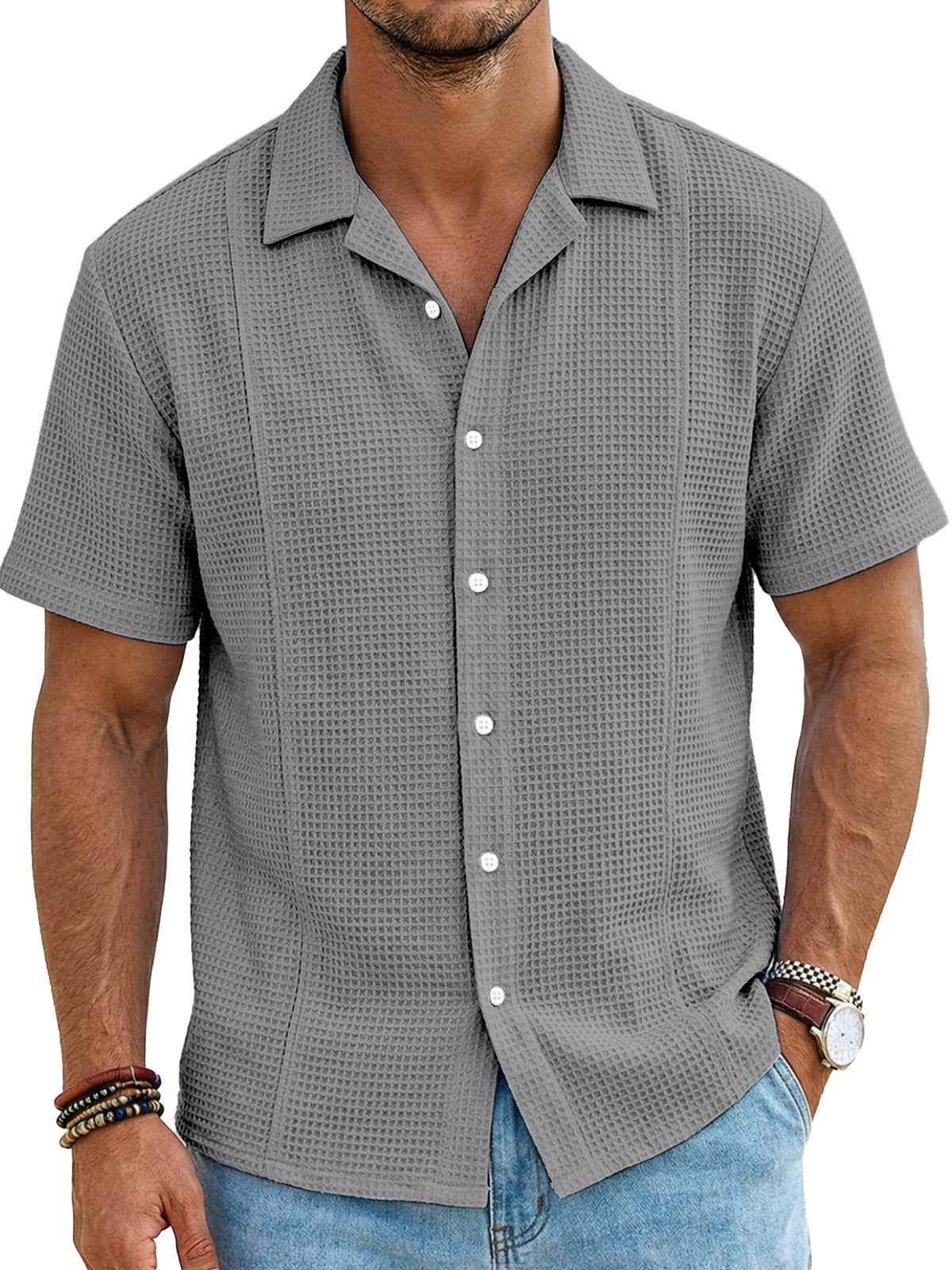 Men's Resort Casual Waffle Deconstructed Cuban Collar Short Sleeve Shirt