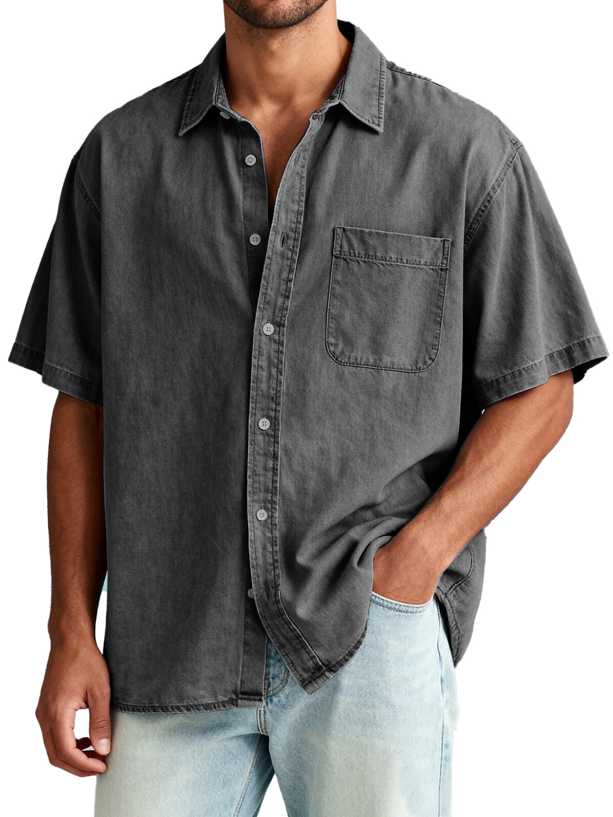 Men's American Retro Solid Color Short Sleeve Shirt with Pocket