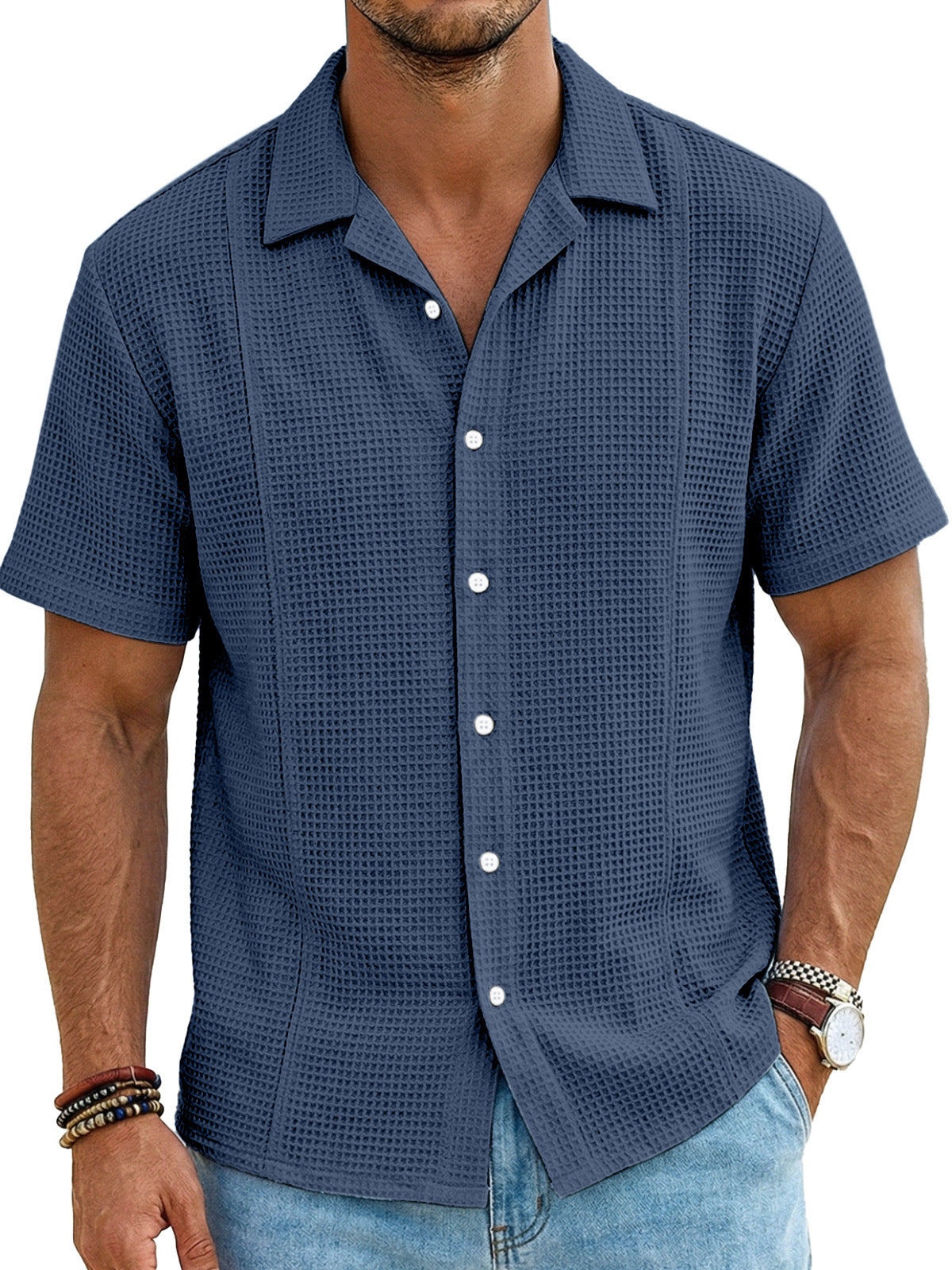 Men's Resort Casual Waffle Deconstructed Cuban Collar Short Sleeve Shirt