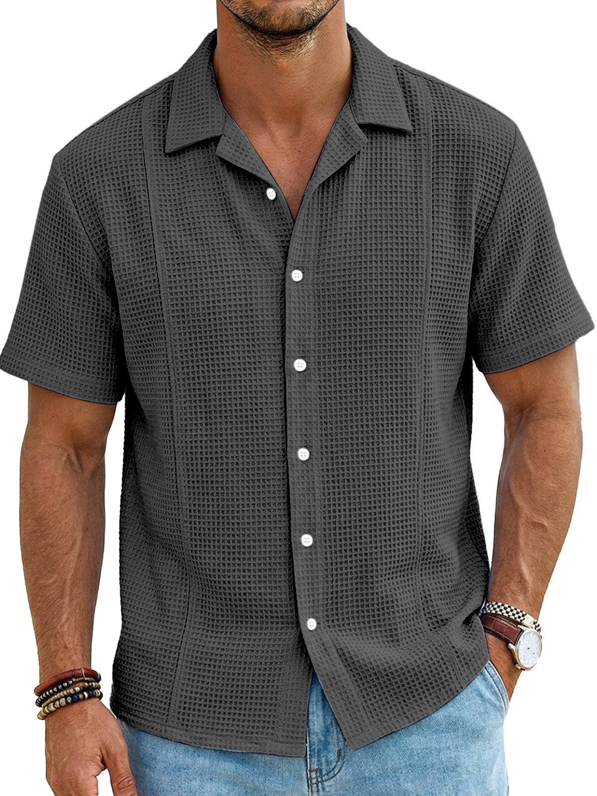 Men's Resort Casual Waffle Deconstructed Cuban Collar Short Sleeve Shirt