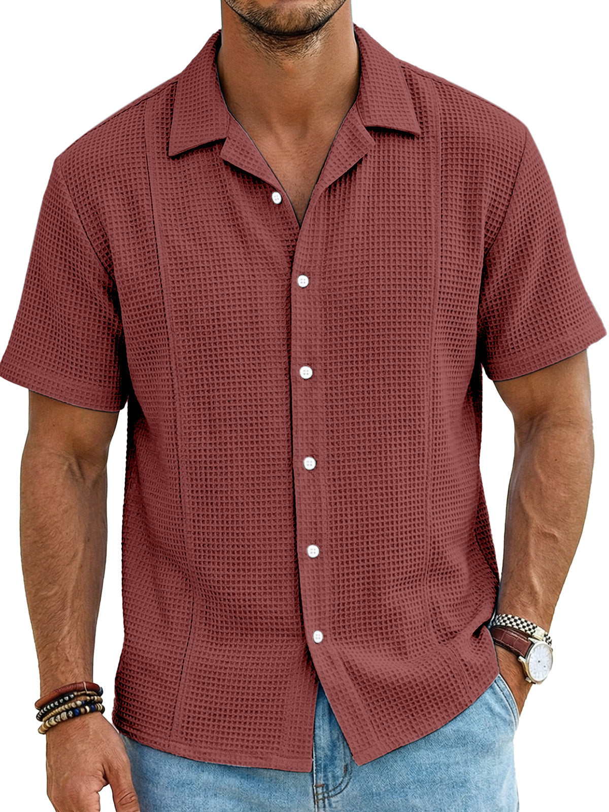 Men's Resort Casual Waffle Deconstructed Cuban Collar Short Sleeve Shirt
