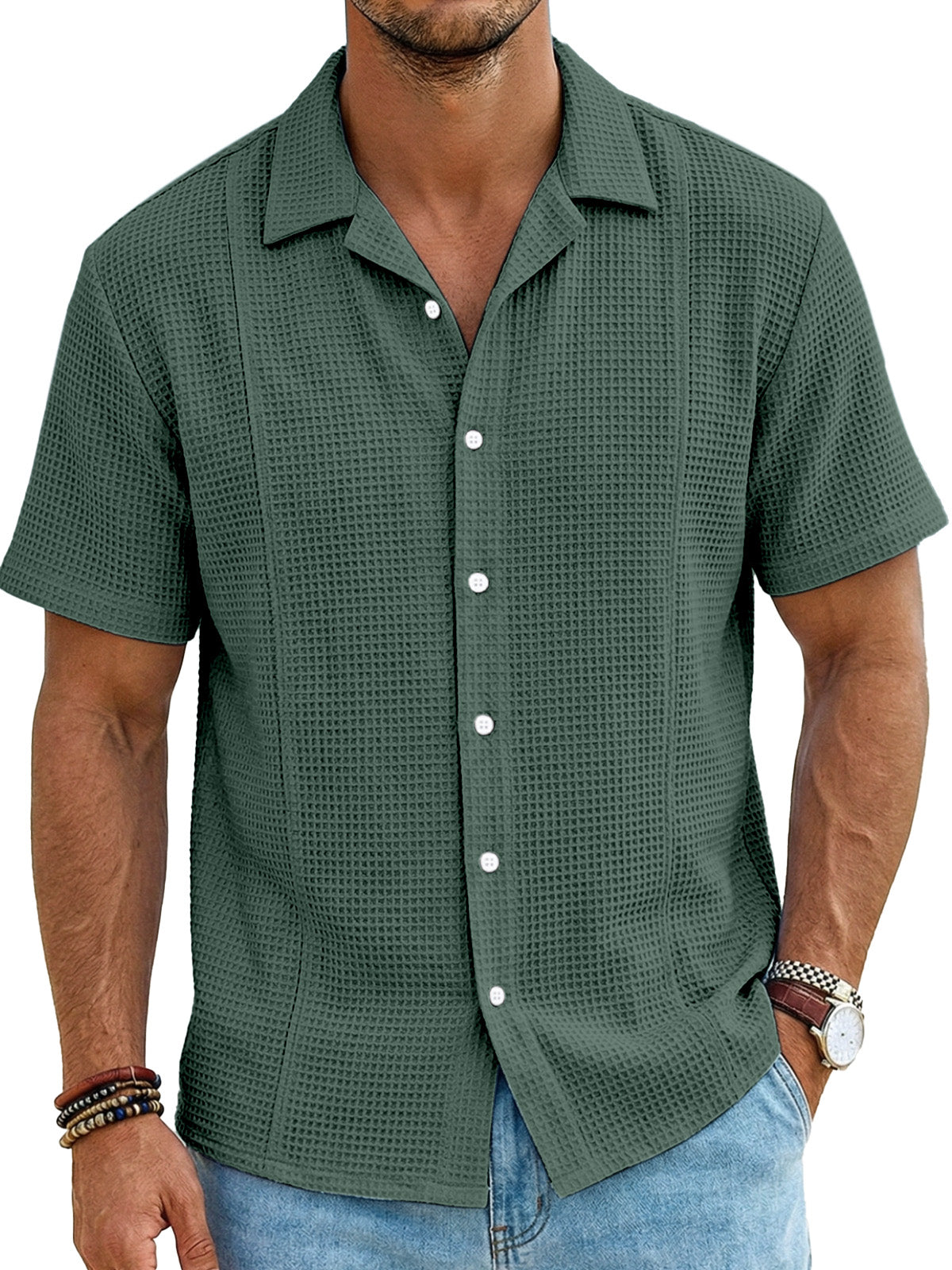 Men's Resort Casual Waffle Deconstructed Cuban Collar Short Sleeve Shirt