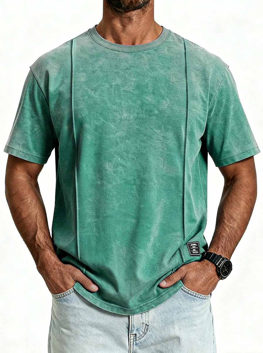 Men's Vintage Unstitched Design Round Neck Short Sleeve T-shirt With Embroidery