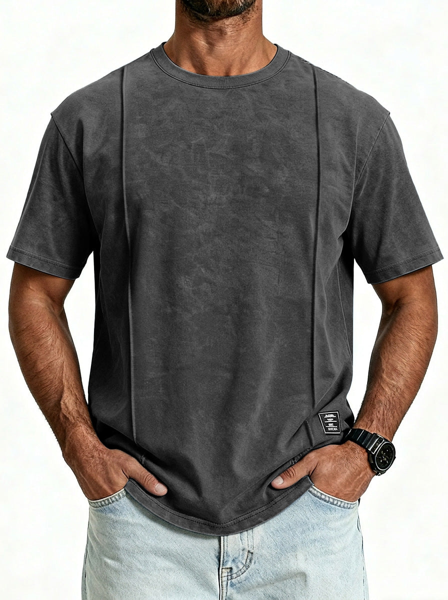 Men's Vintage Unstitched Design Round Neck Short Sleeve T-shirt With Embroidery