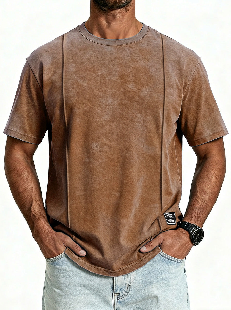 Men's Vintage Unstitched Design Round Neck Short Sleeve T-shirt With Embroidery