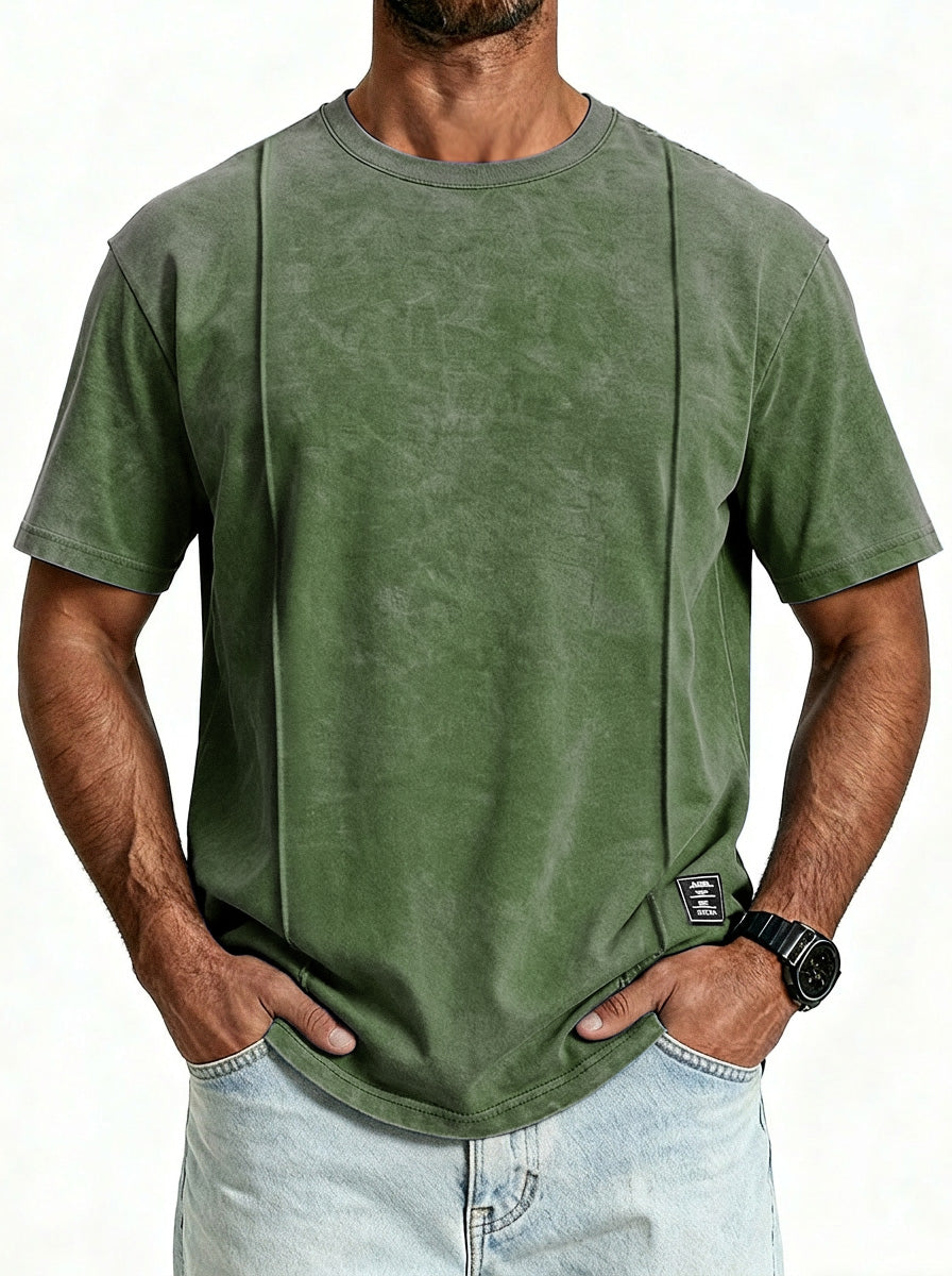 Men's Vintage Unstitched Design Round Neck Short Sleeve T-shirt With Embroidery