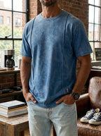 Men's Vintage Unstitched Design Round Neck Short Sleeve T-shirt With Embroidery