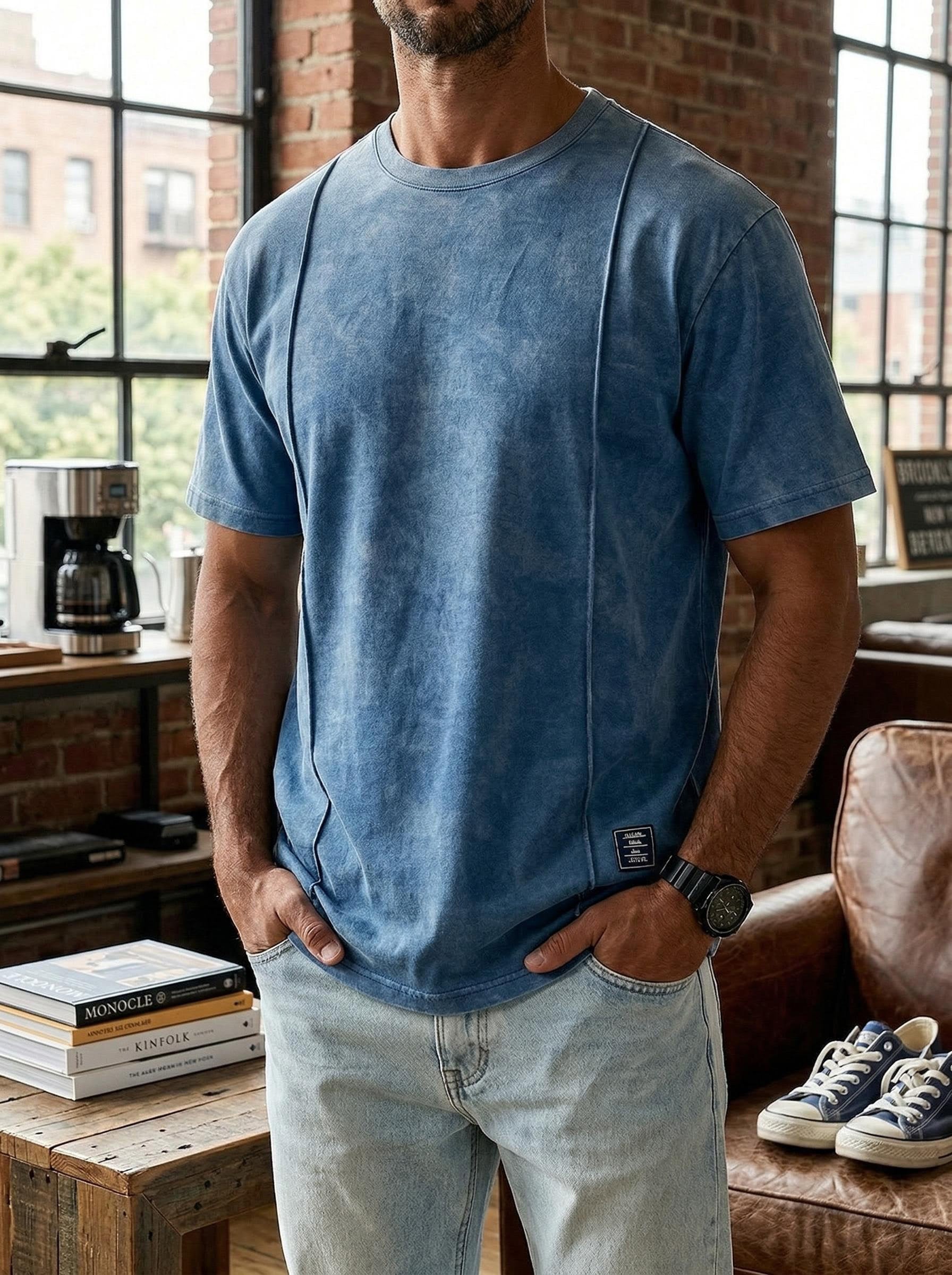 Men's Vintage Unstitched Design Round Neck Short Sleeve T-shirt With Embroidery
