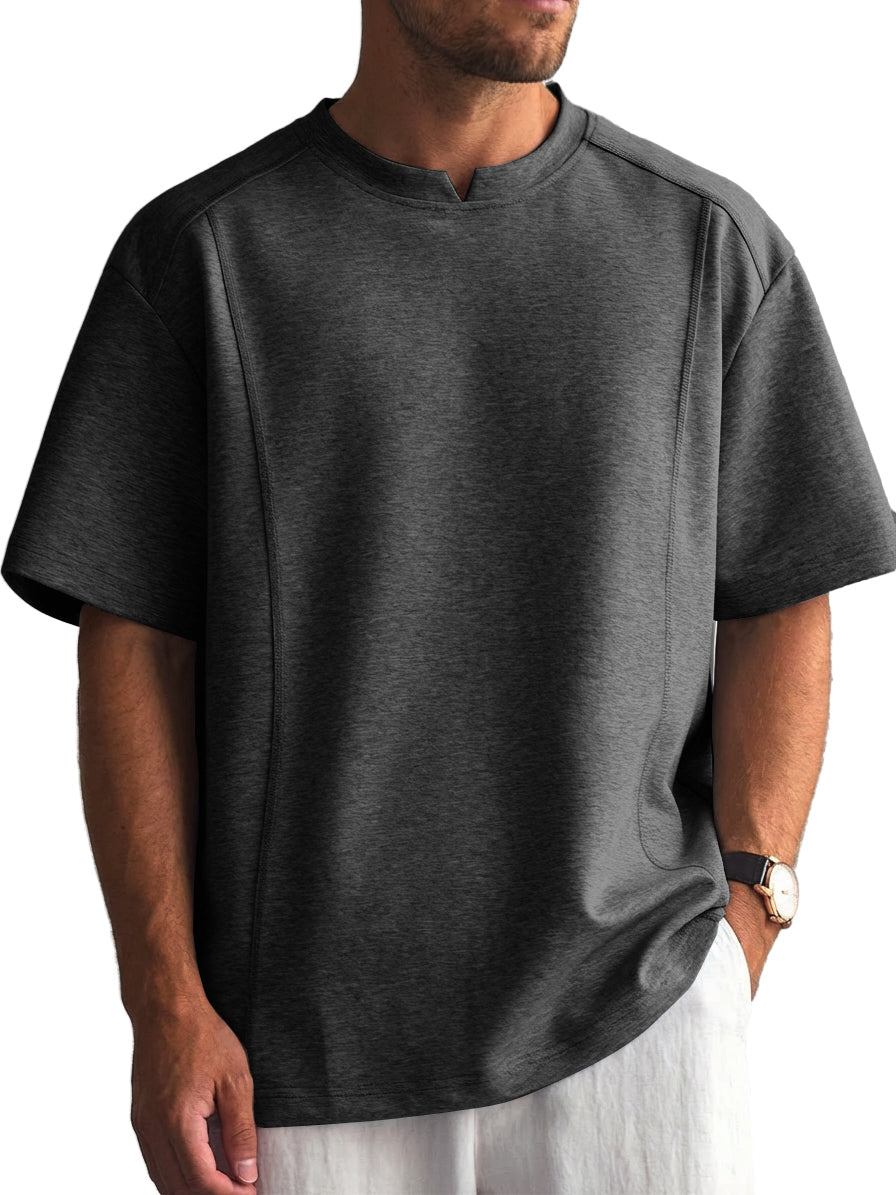 Men's Solid Color Deconstructed Short Sleeve T-Shirt with Shallow V-Neck